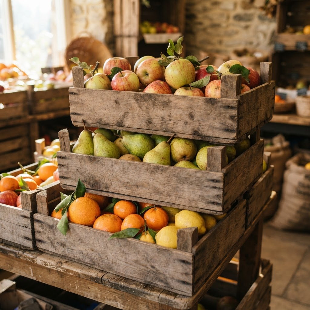 Wooden crates of fresh seasonal fruit at Barlings Fruit Market