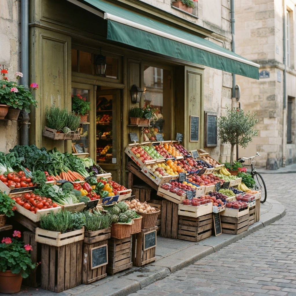 Wooden crates of fresh produce outside Barlings Fruit Market