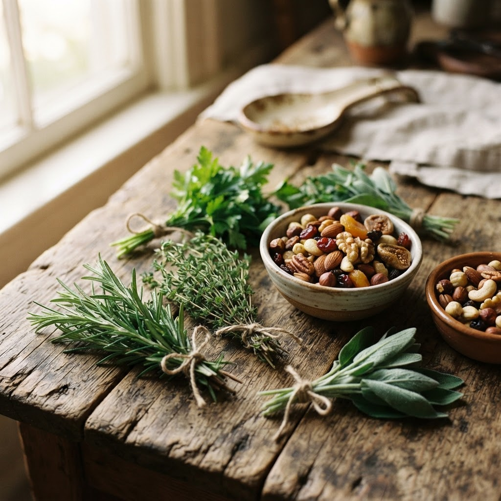 Fresh herbs alongside bowls of nuts and dried fruit