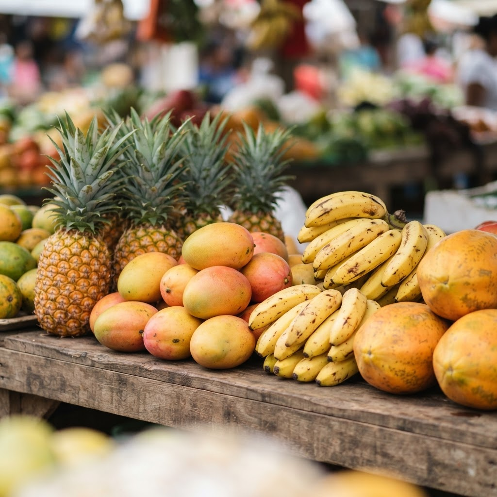 Fresh tropical fruit display of pineapples, mangoes and bananas