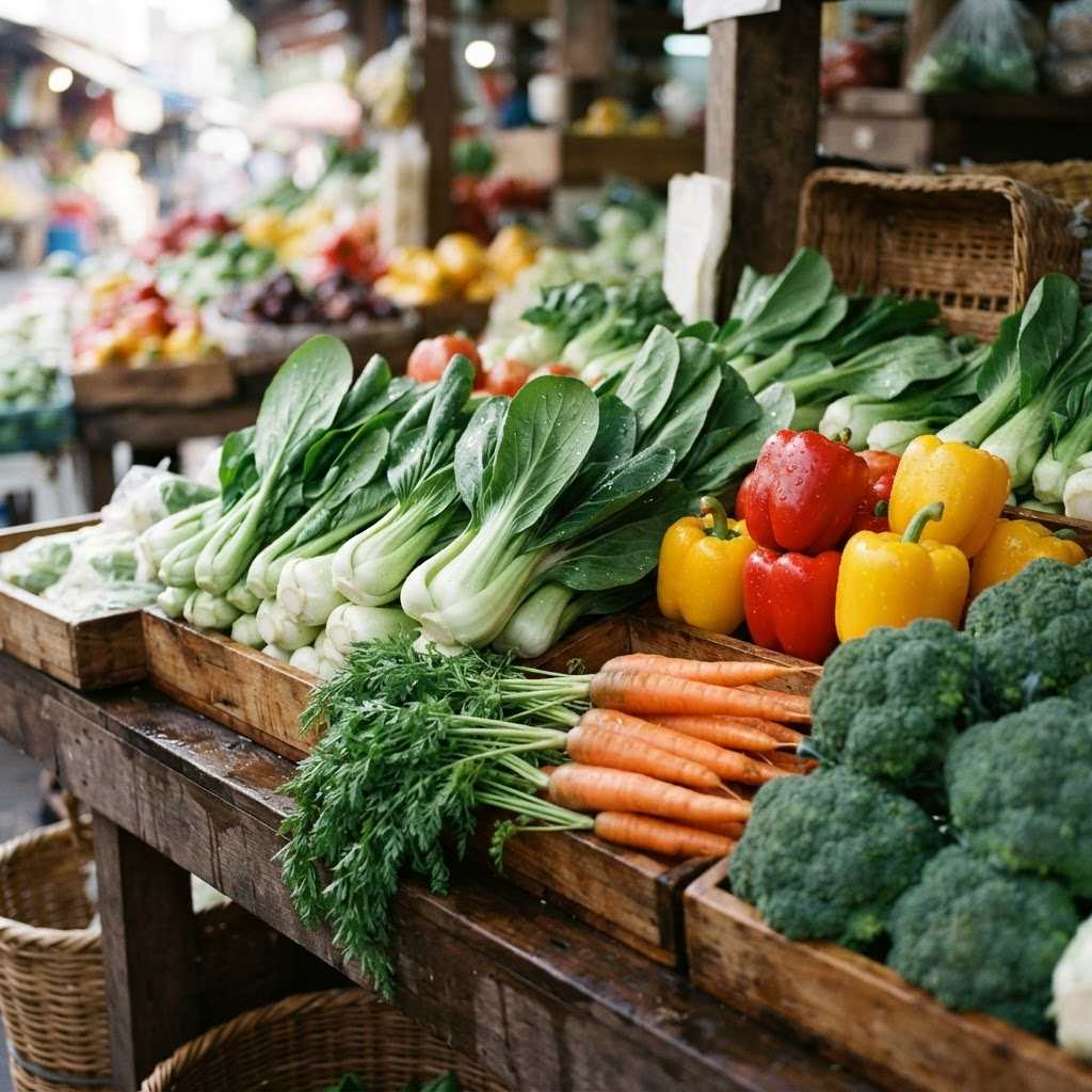 Fresh vegetables including Asian greens and root vegetables